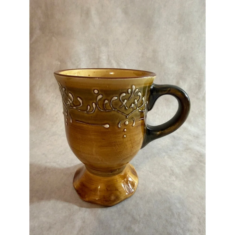 Pier 1 P1 Ceramic Pedestal Mug Brown Glazed Scrollwork‎ Footed Coffee Cup